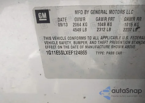 2014 Chevrolet Malibu 2Lt z USA, uszkodzony, nr VIN 1G11E5SLXEF124865